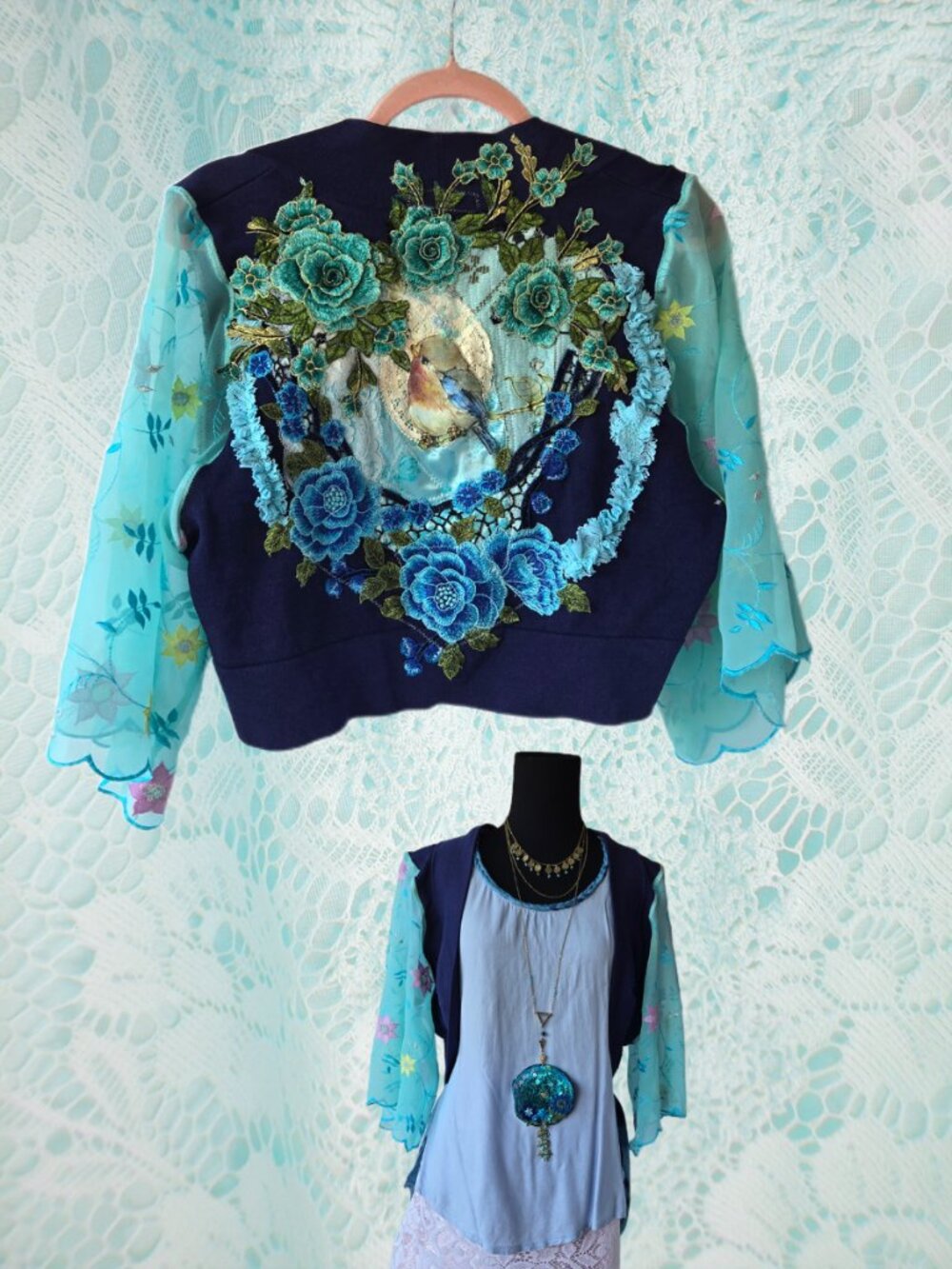 Handmade Blue Bolero Jacket Ethereal Bird and Roses Art to Wear Lagenlook Boho